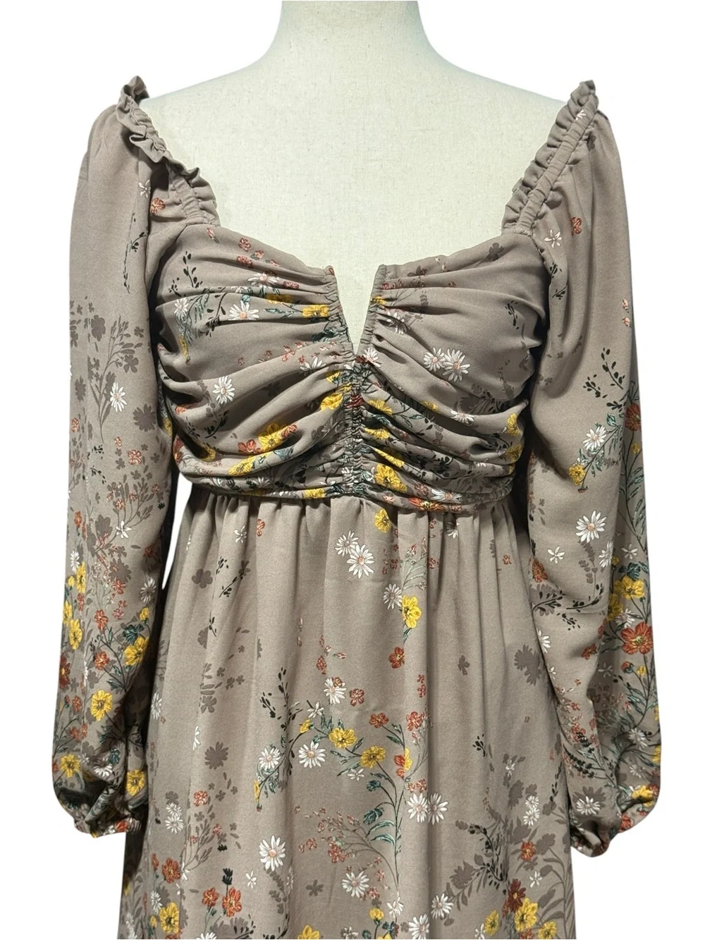 Maurices Babydoll Floral Taupe Dress Size S Milkmaid Puff Sleeve Garden Party